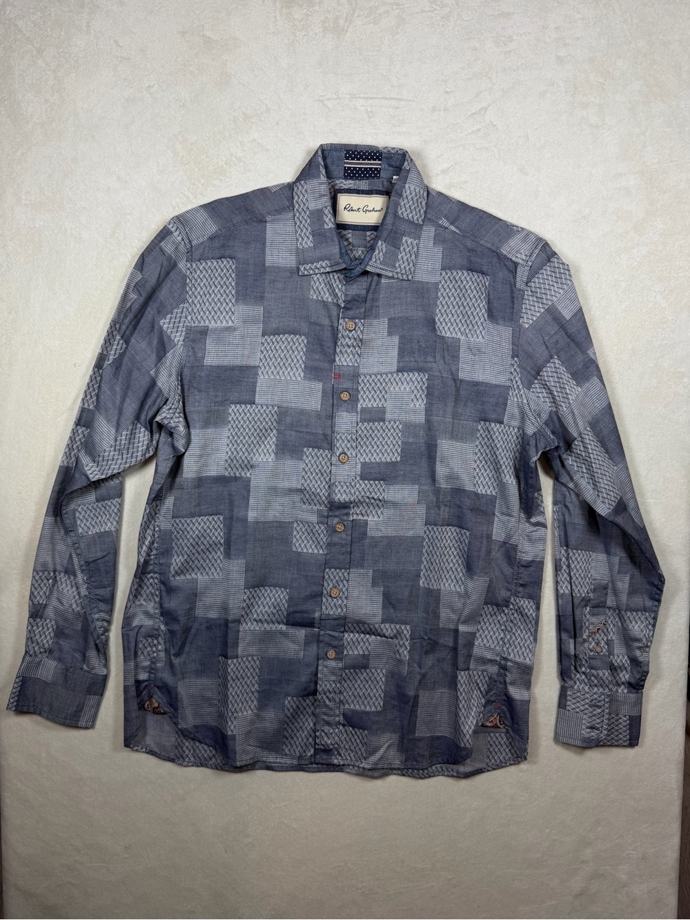 Robert Graham size Large Men's Patchwork-Pattern Blue Button-Down Shirt